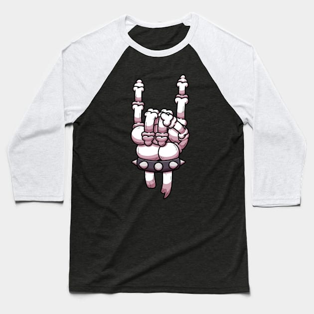 Cartoon Skeleton Hand Rock On Sign Baseball T-Shirt by TheMaskedTooner